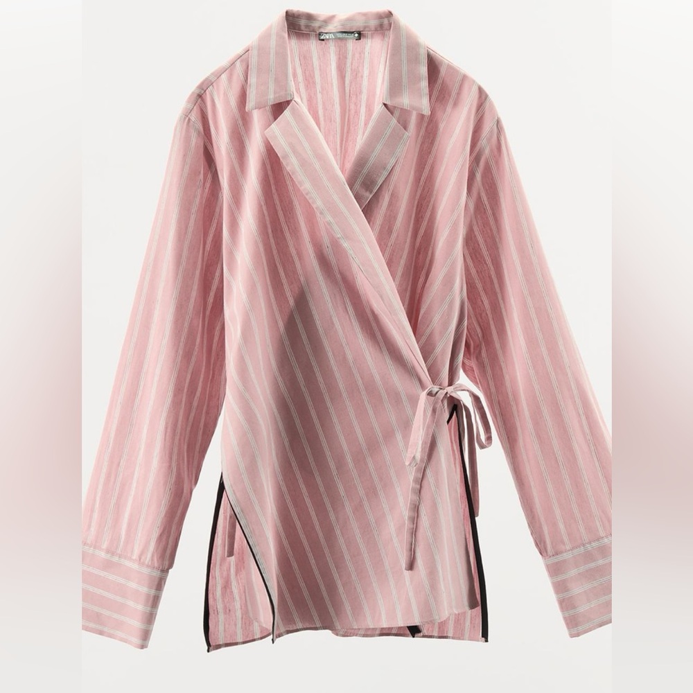Zara Contrast Piping Striped Wrap Shirt